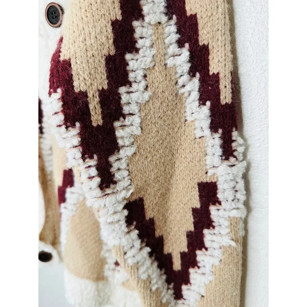 a. peach Tan Ivory Burgundy Southwest Print Button Collared Sweater Jacket S - Picture 5 of 13
